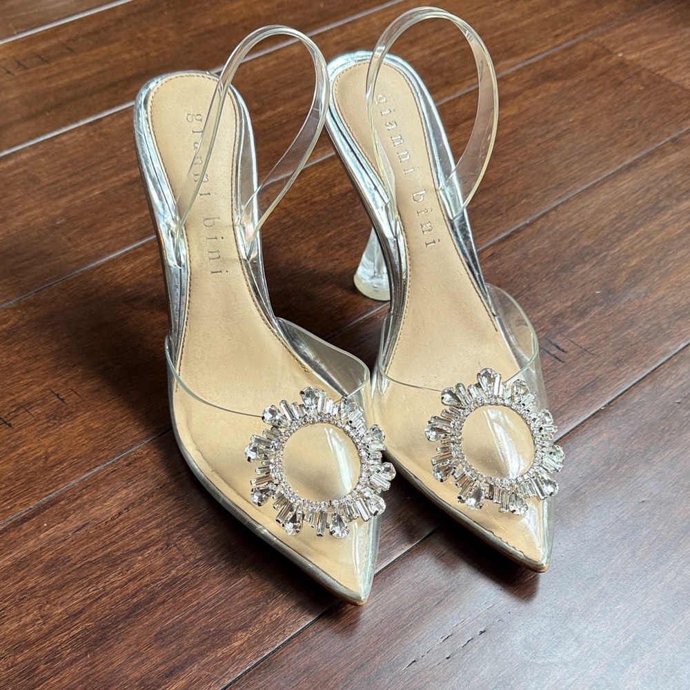 Gianni Bini Clear and Silver Embellished Heels